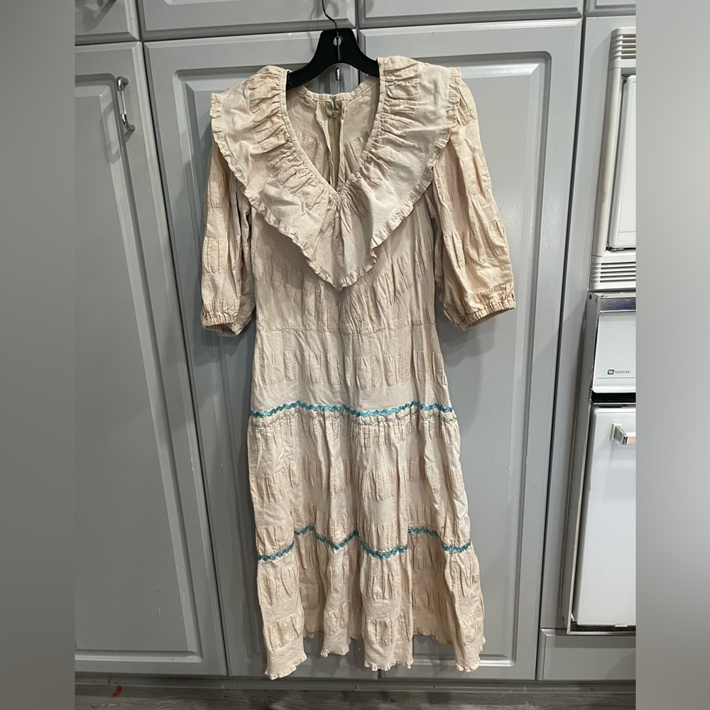 Handmade Cream Ruffled Tiered  Ribbons Dress Spanish Mexican Boho Style Sz M